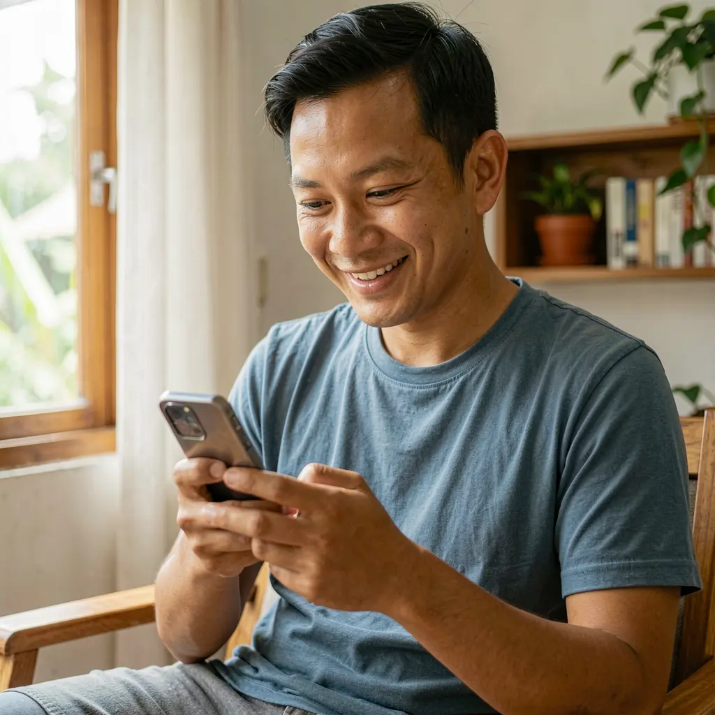 Smiling Filipino man relaxing at home while using the NNNPH mobile casino app on his smartphone in a natural daylight setting