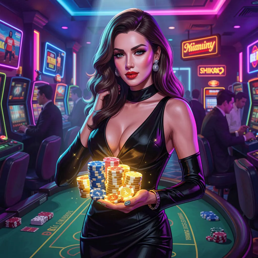 Confident casino player holding colorful chips in a vibrant gaming atmosphere representing the premium online casino experience at NNNPH for players in the Philippines