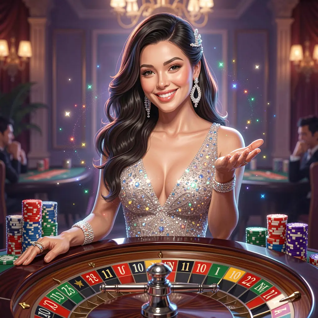 NNNPH Login – Enter a premium live casino experience for players in the Philippines Elegant live casino hostess surrounded by glowing roulette lights and floating chips inviting players to enter the NNNPH platform in the Philippines